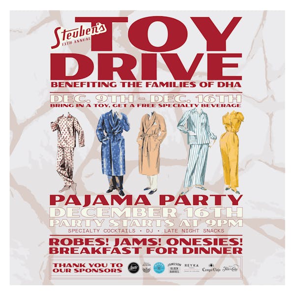 Steuben's 13th annual toy drive poster, pajama party theme
