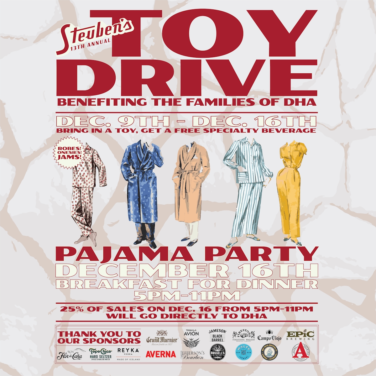 Steuben's 13th annual toy drive poster, pajama party theme
