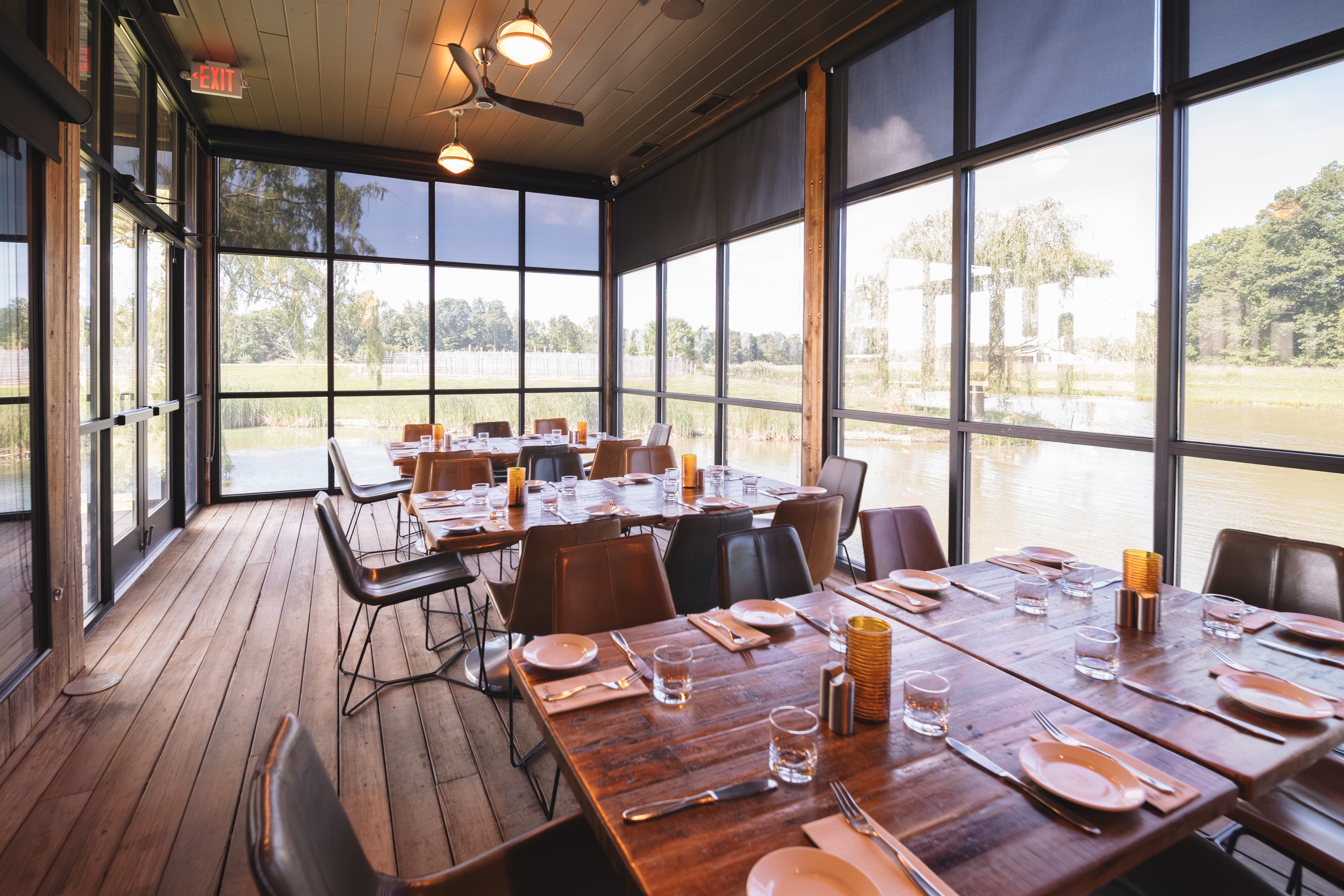 a room with tables and chairs