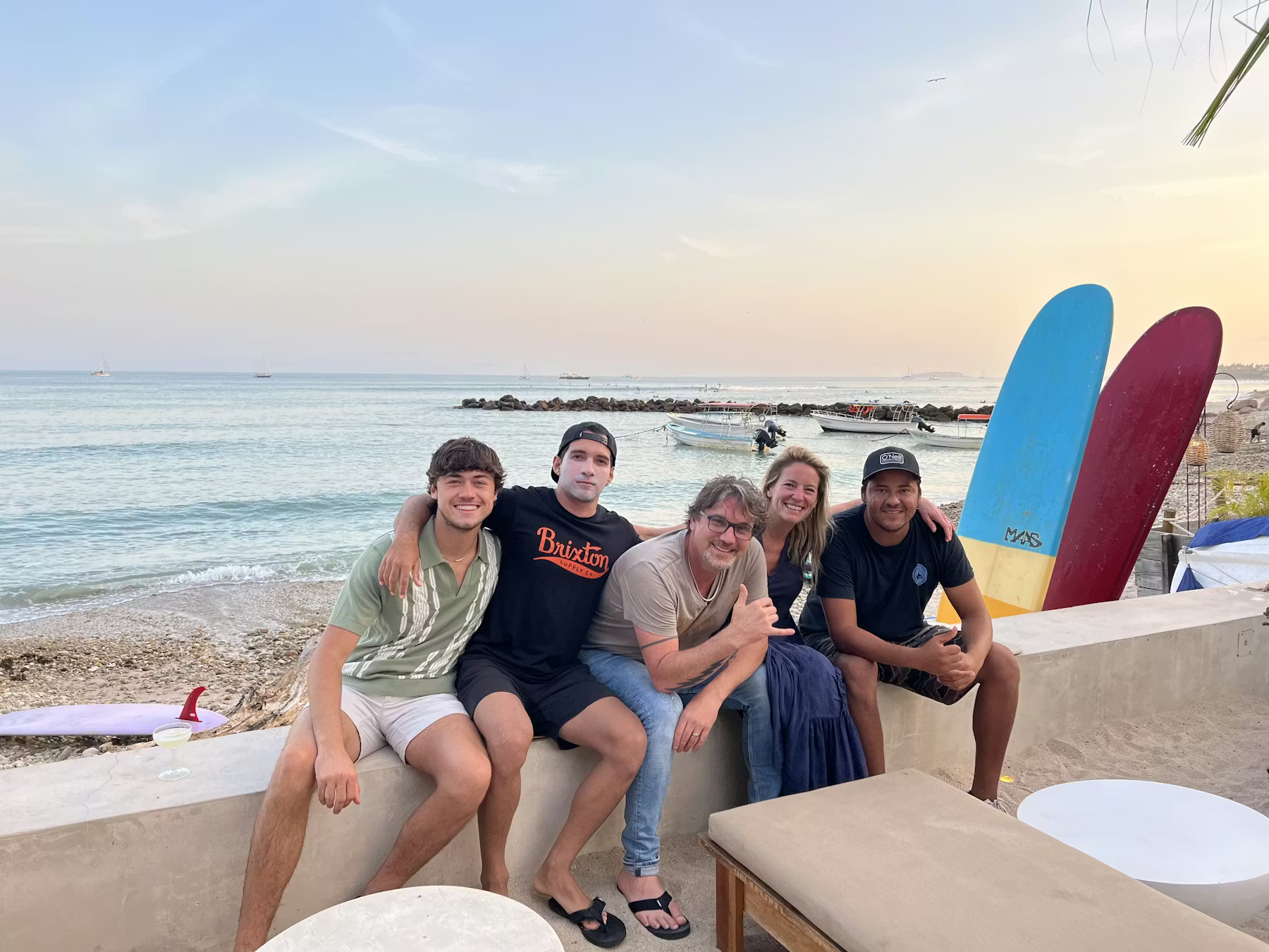 a group of people sitting at a beach