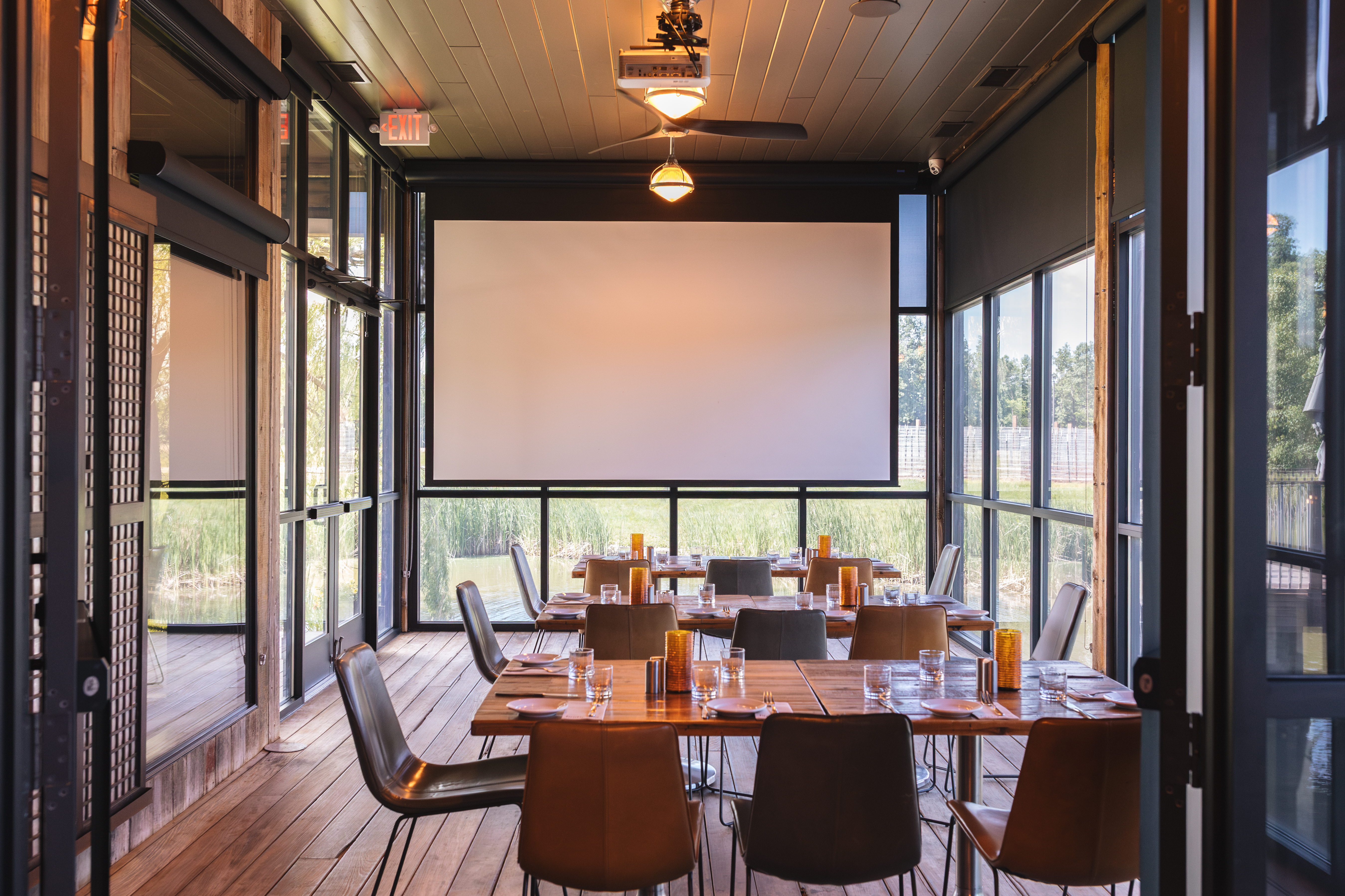 a room with tables and chairs
