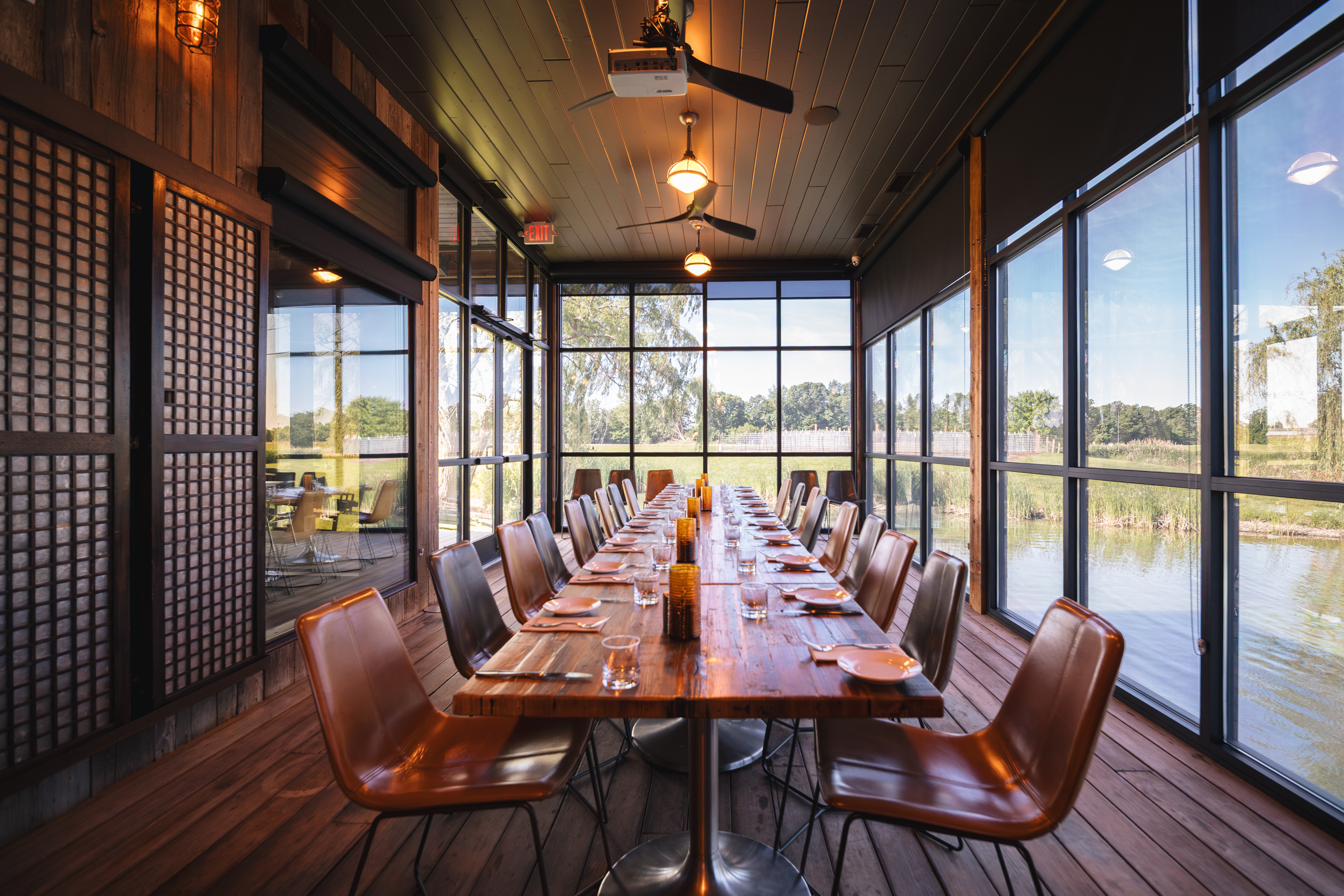 a room with tables and chairs