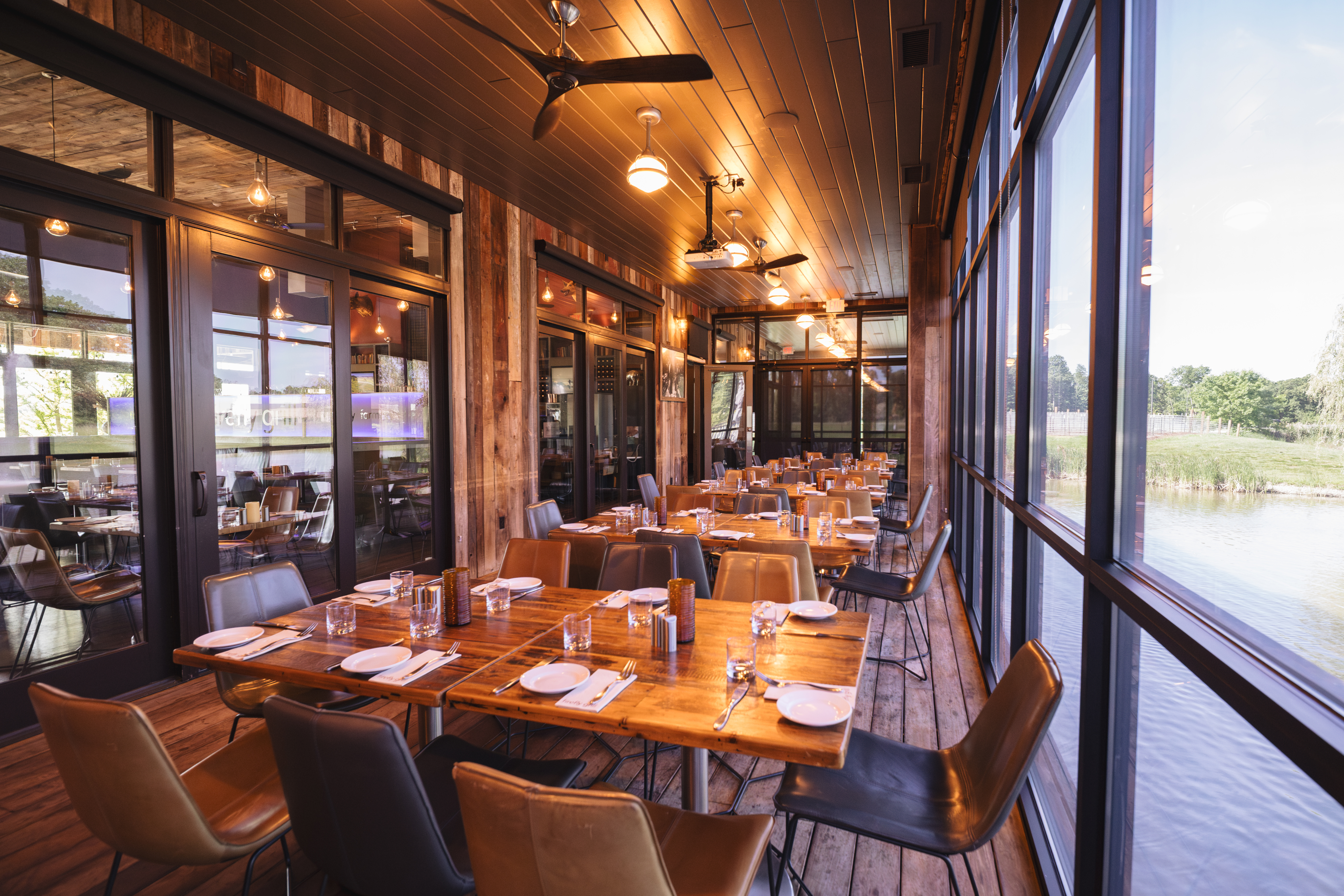a room with tables and chairs