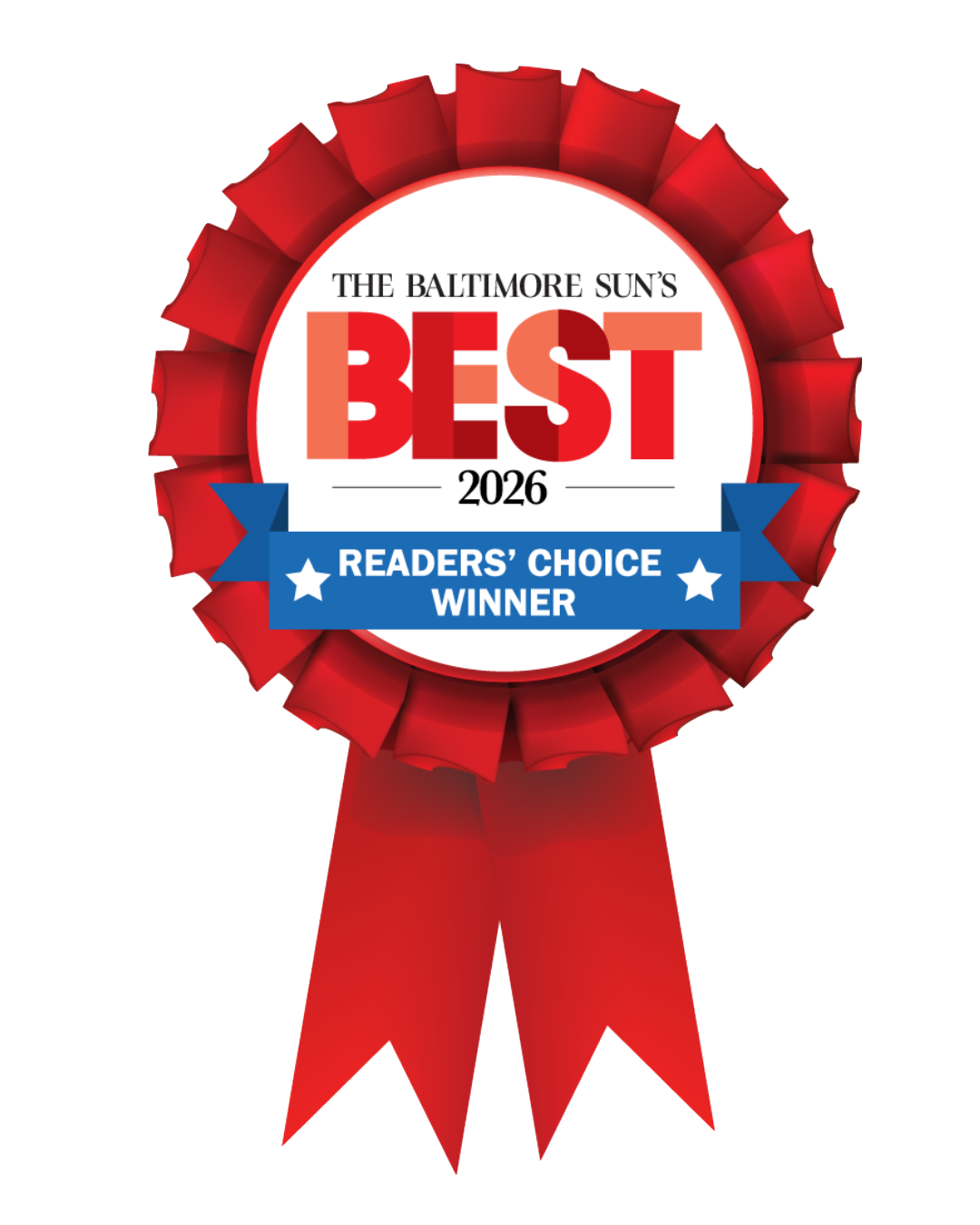 a red ribbon with blue and white text