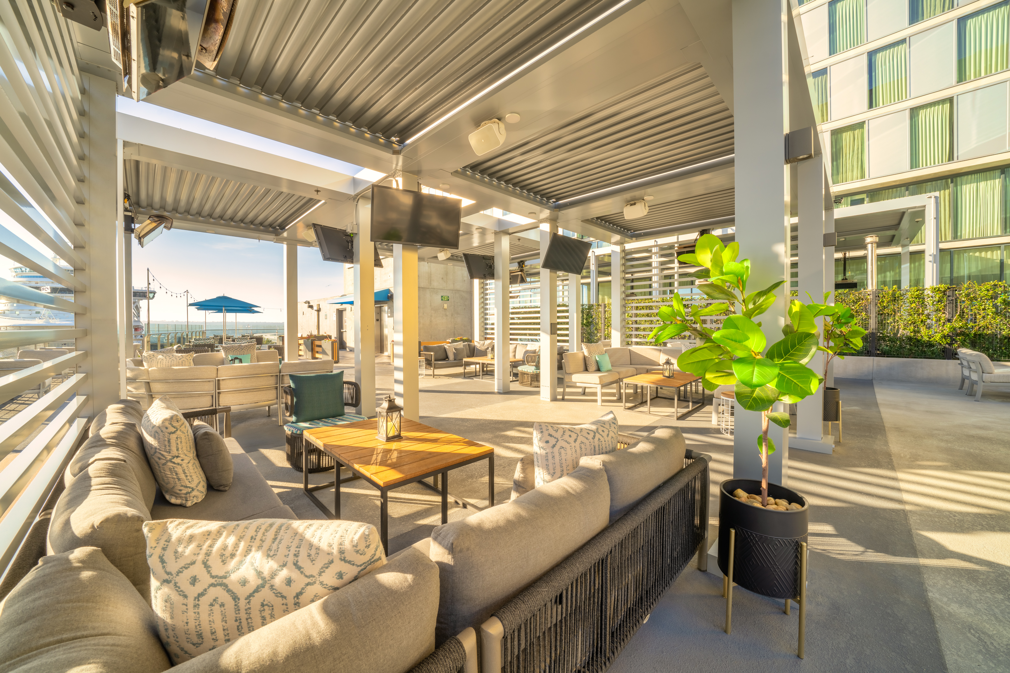 a room filled with furniture and a large building