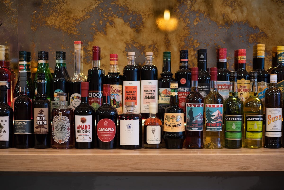 a picture of Italian spirits and amaro on display