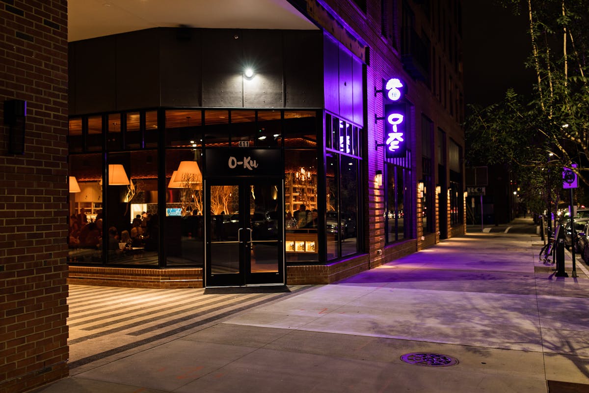 a store front at night