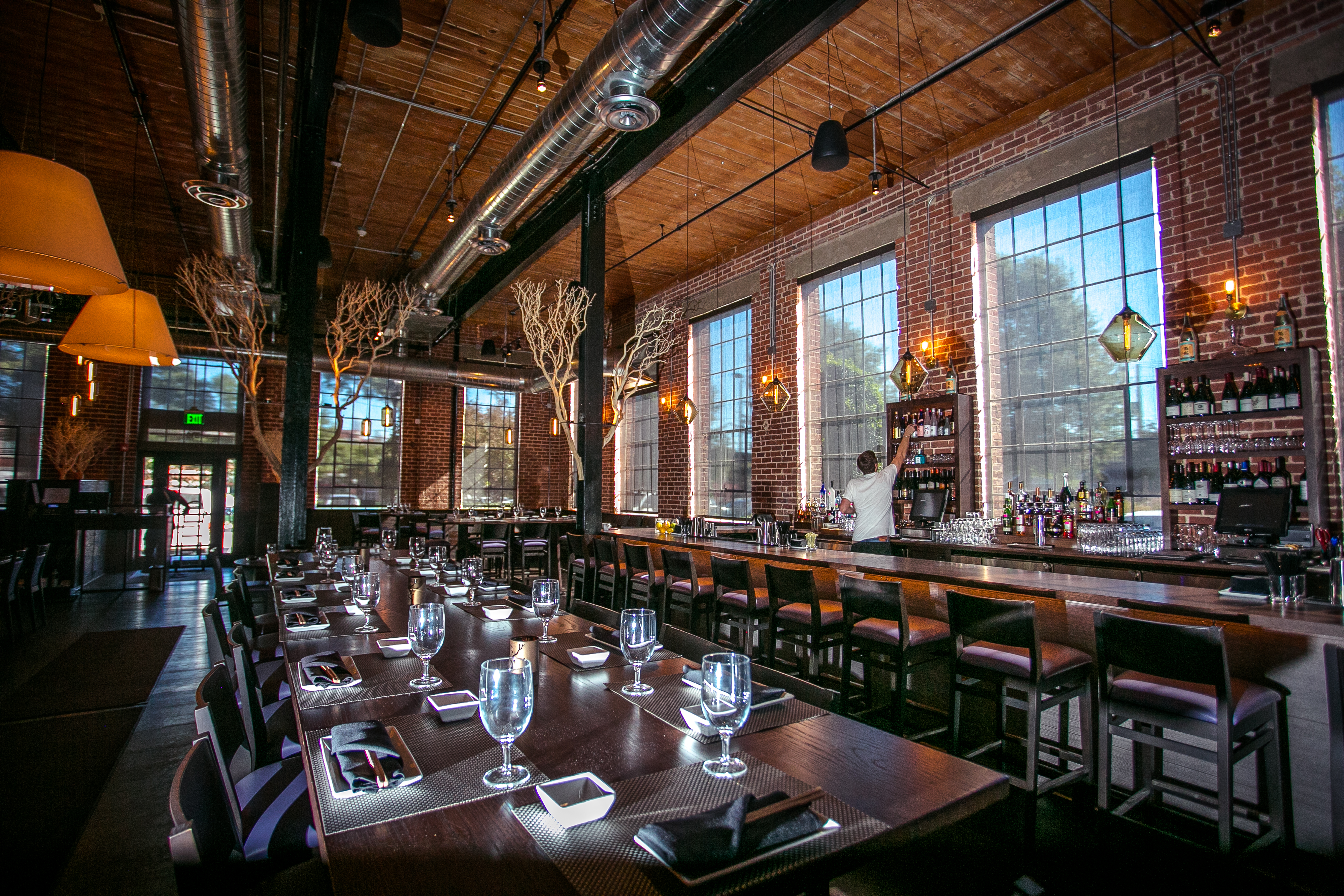 a dining room table in front of a building