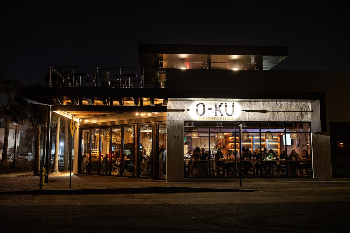 a store front at night