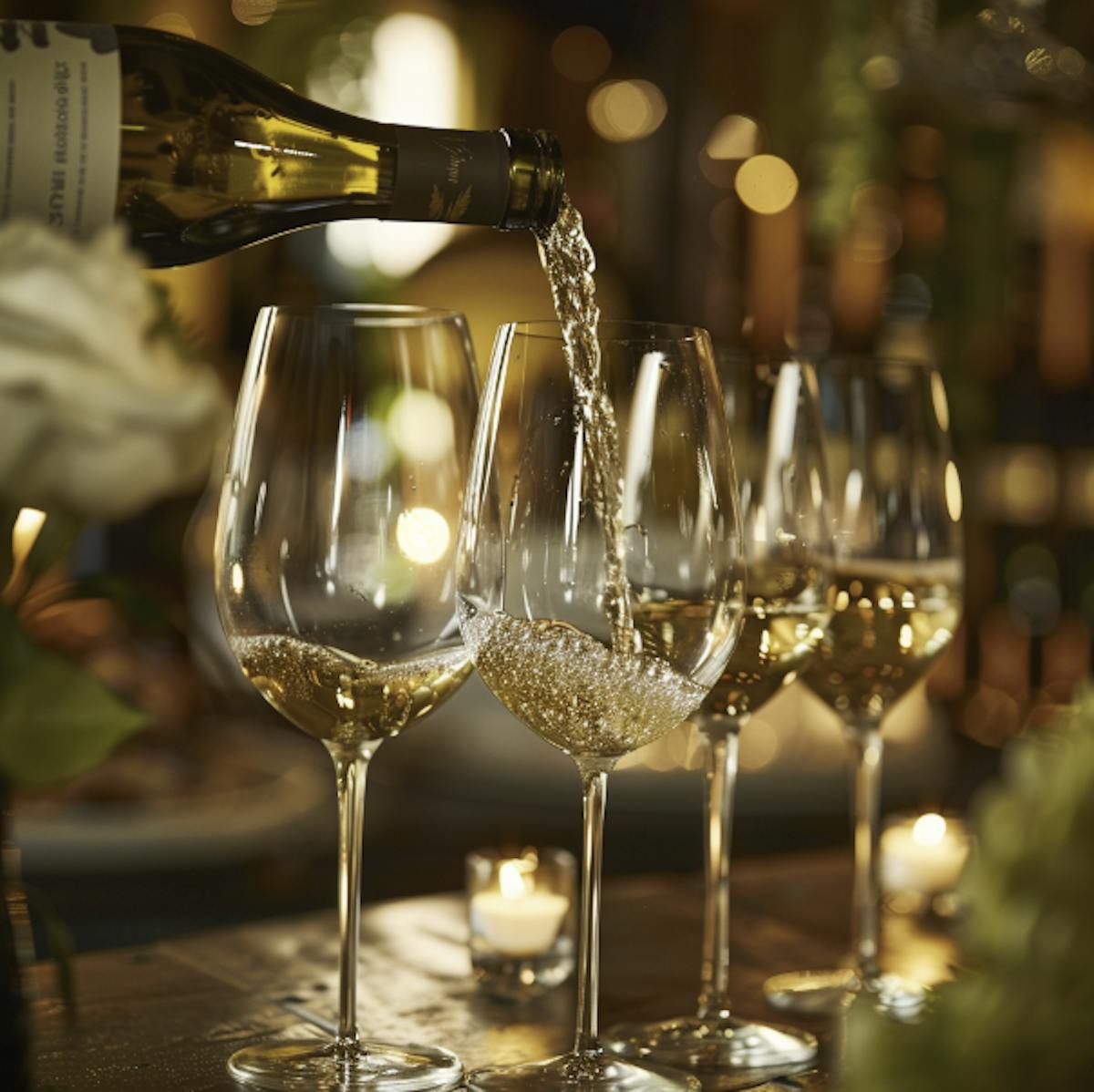 a row of wine glasses sitting on a table