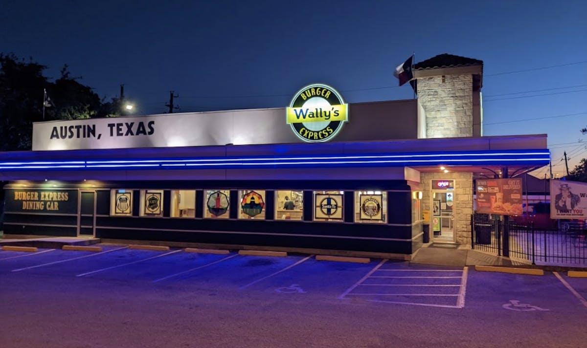 Store Front at Night Wallys Burger Express