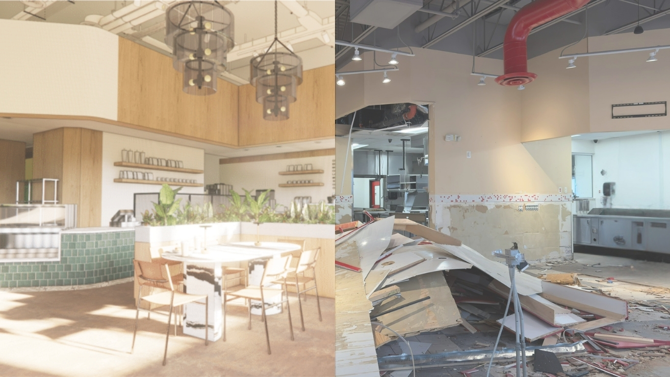a collage of a room with a broken ceiling and a table