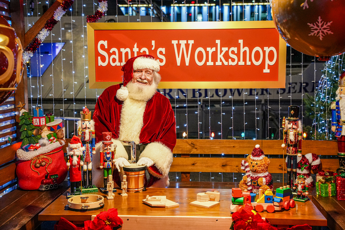 Santa’s Workshop scene with festive décor at Watermark Pier 15