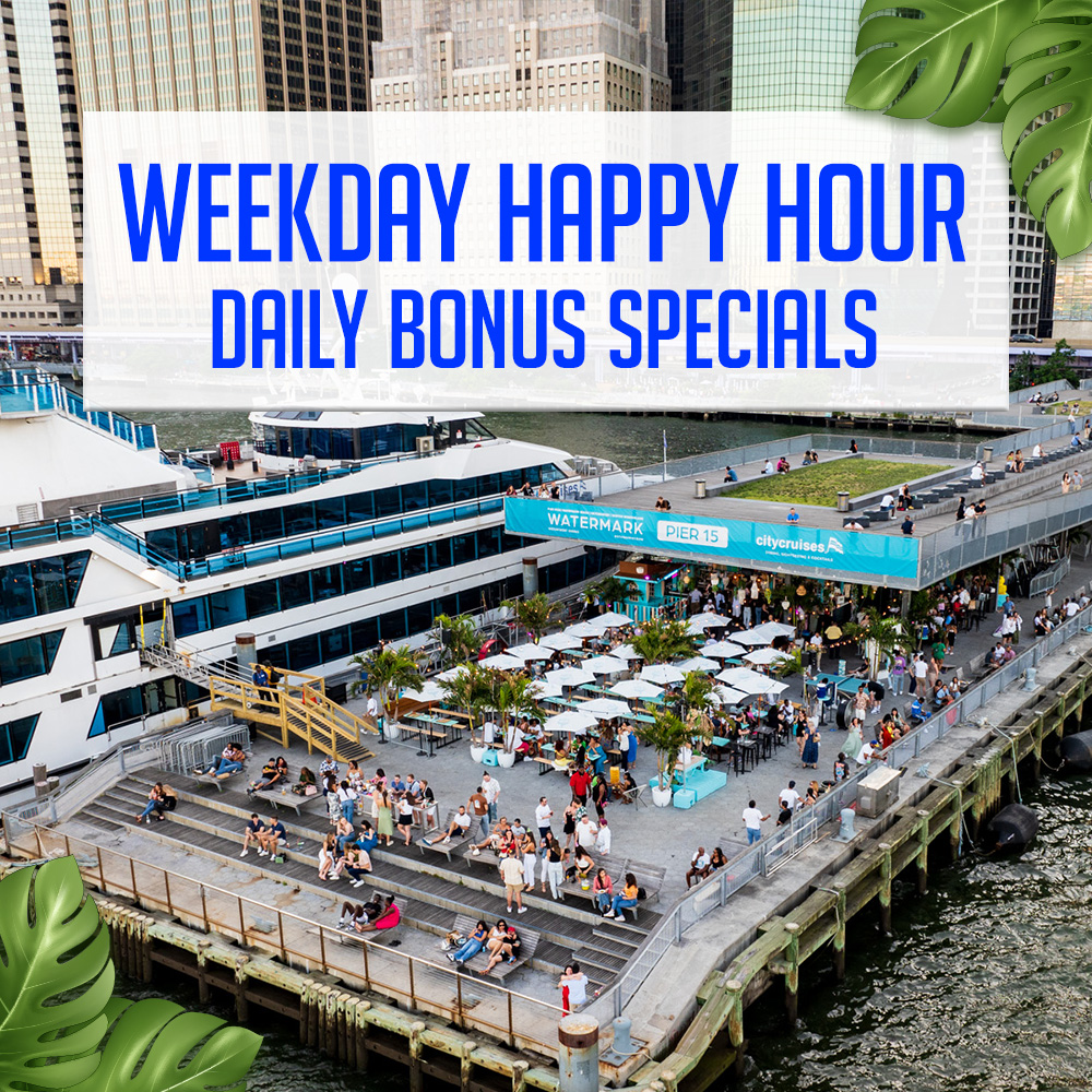 Happy hour crowd sipping drinks at the waterfront bar during sunset