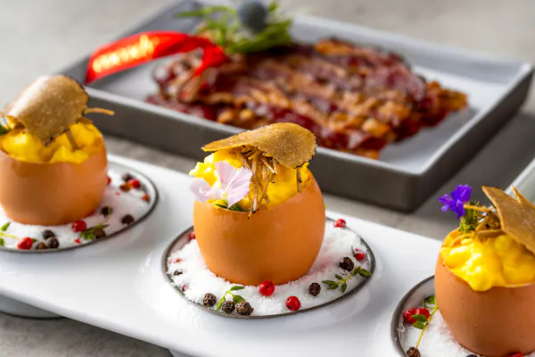 Lobster deviled eggs on the brunch table at Cocody