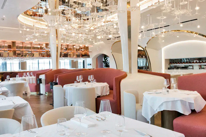 The dining room under hundreds of crystal lights