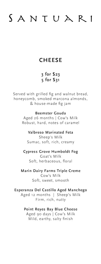 Menus | Santuari Restaurant in Los Angeles, CA