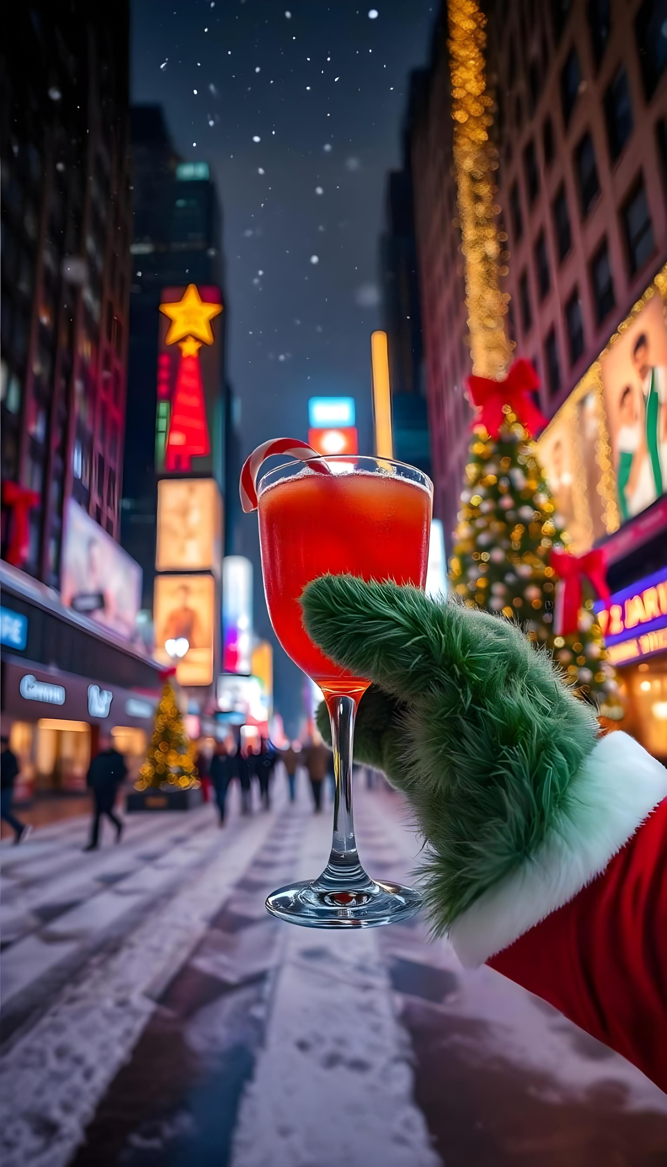 a furry green hand holding a cocktail with a candy cane