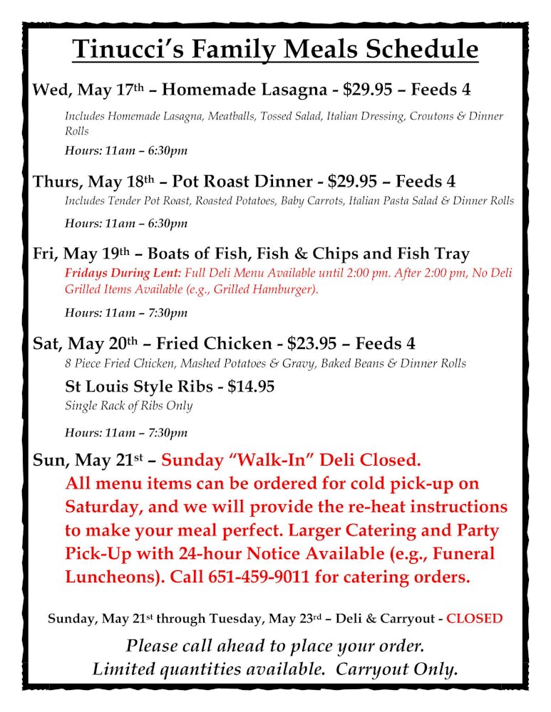 Special Meal Promotions Tinucci's in Newport, MN