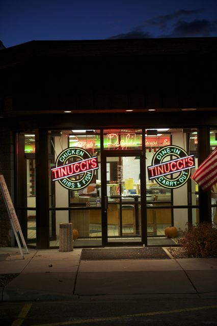 a store front at night