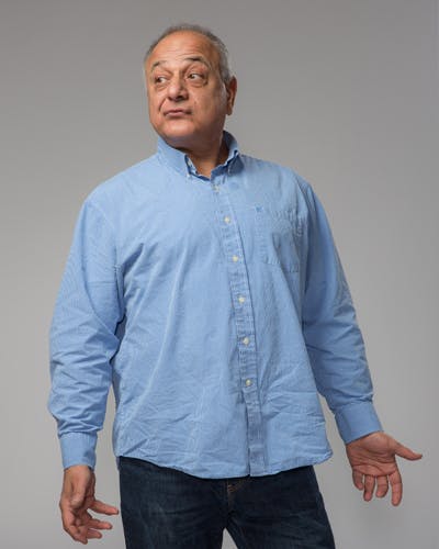 a man in a blue shirt