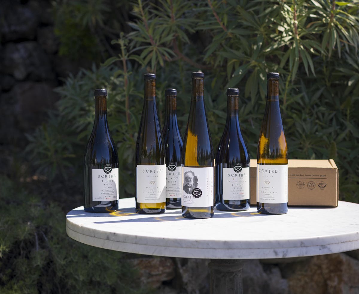 a bottle of wine next to a tree