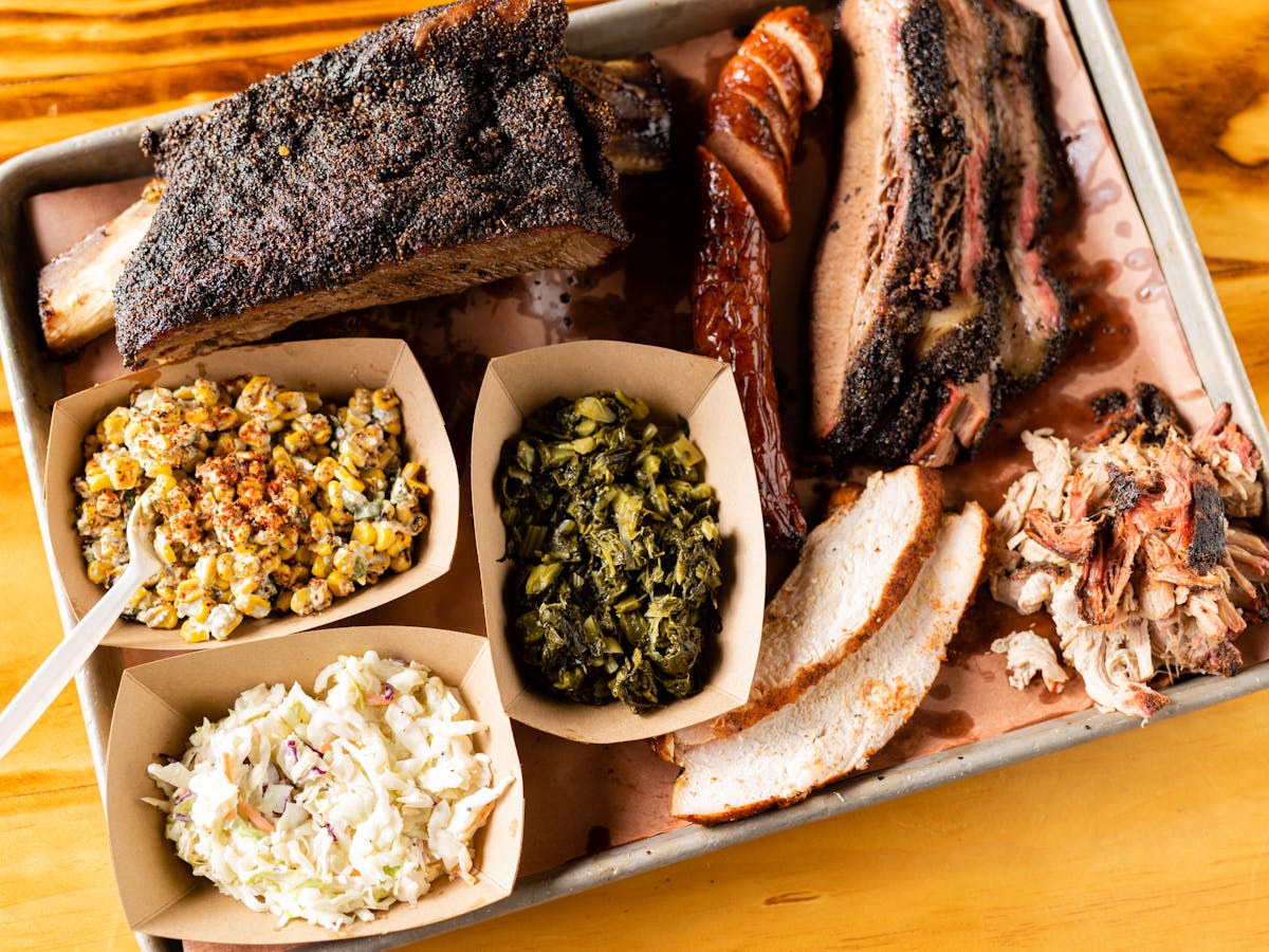 a platter of barbecue food