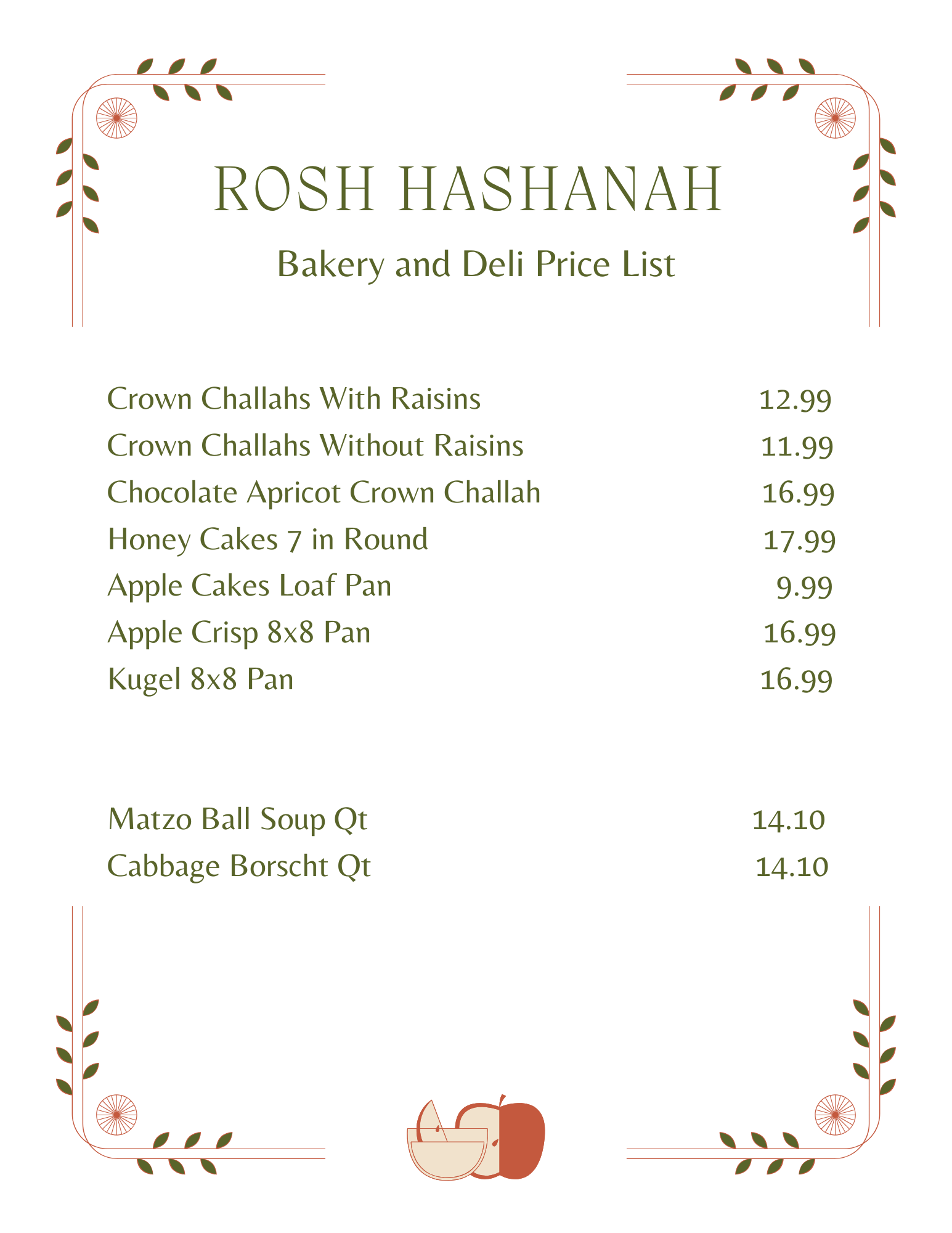 a menu with price list and green leaves