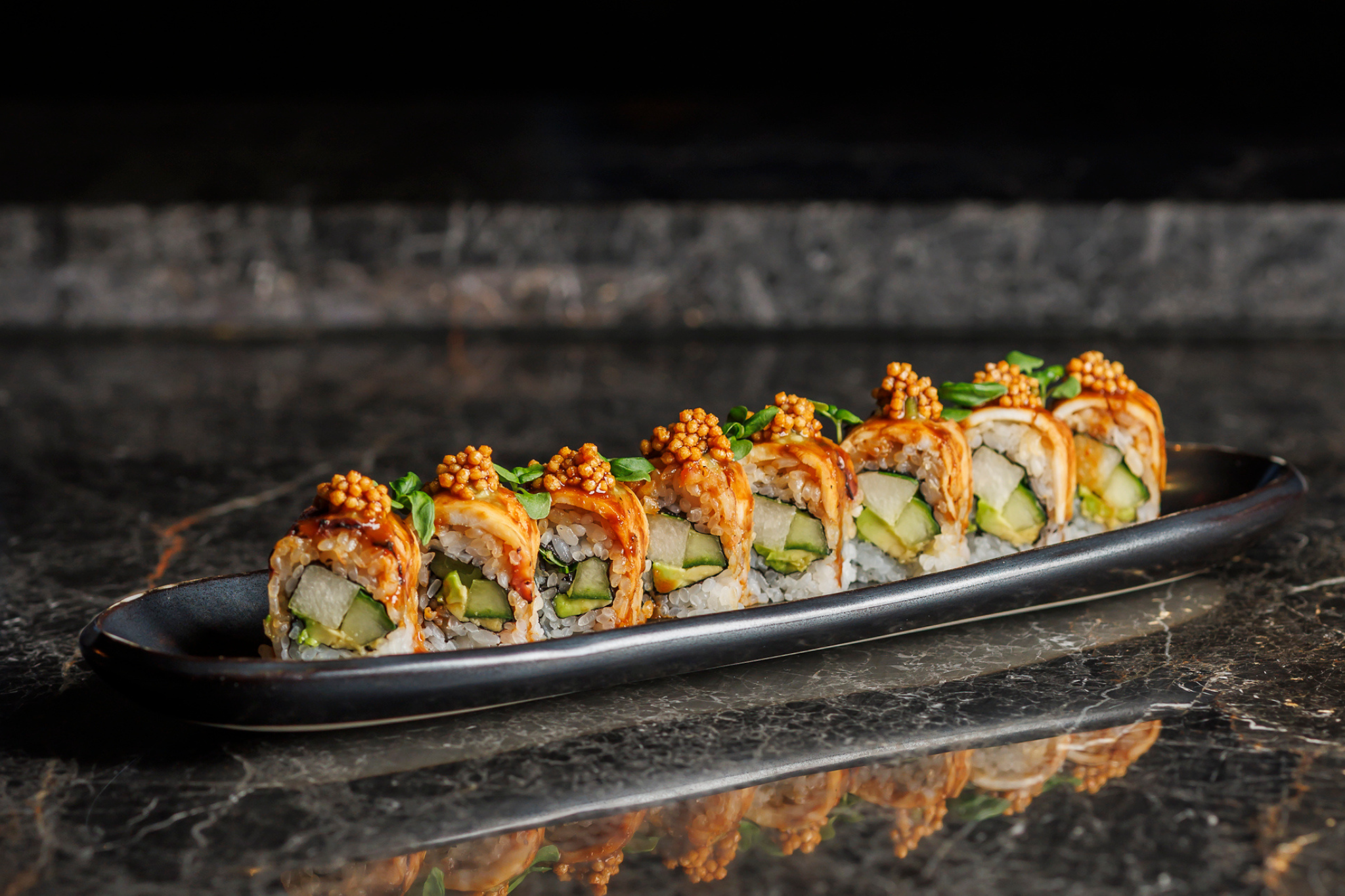 Pulpo Chancón torched octopus, sesame bbq, asian pear, avocado, kizami wasabi, bubu arare