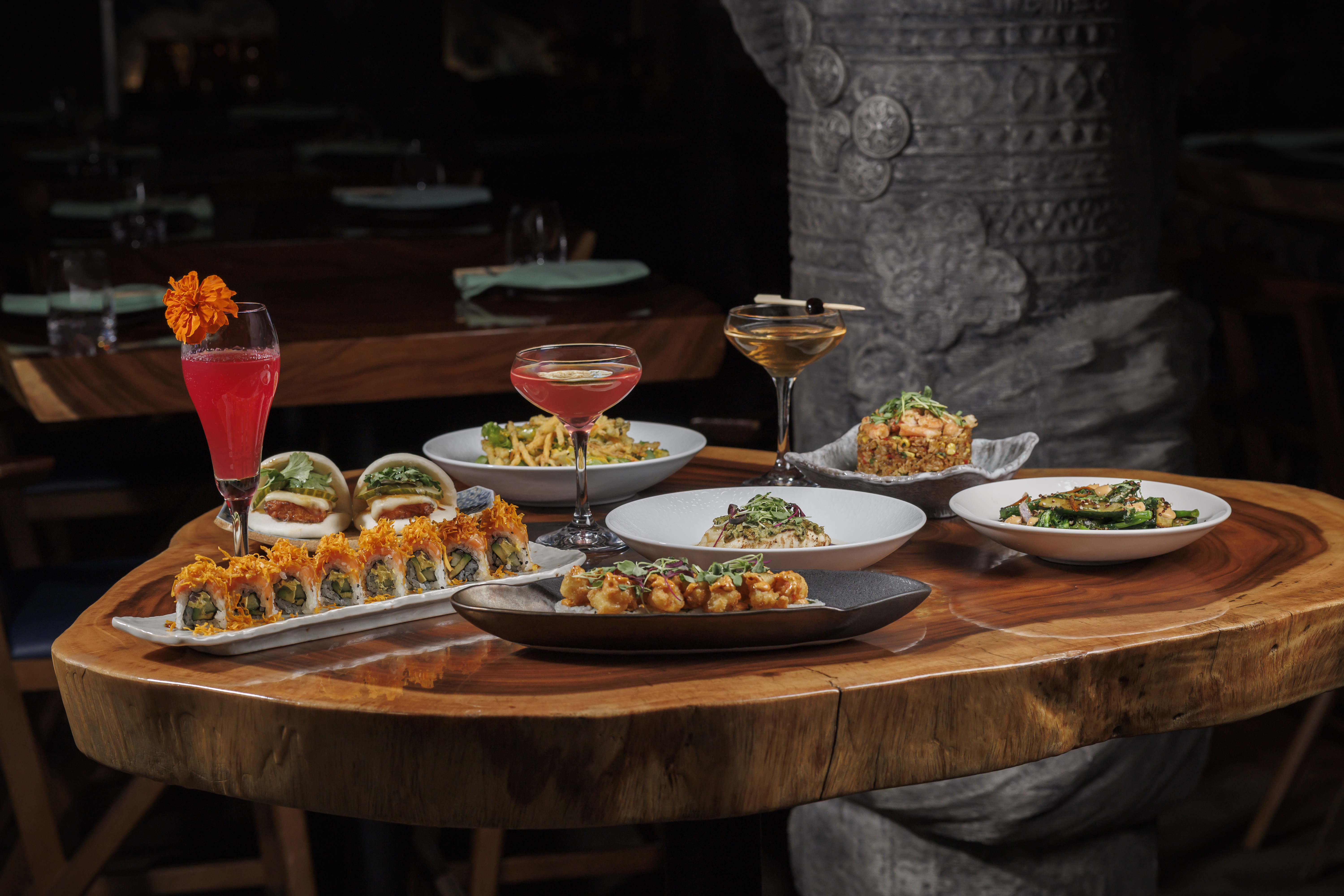 Lobster Norteña, Salmon Acevichado, Zucchini Itame, Sweet Potato Buns, Kakiage Salad & Crab Yakimeshi  