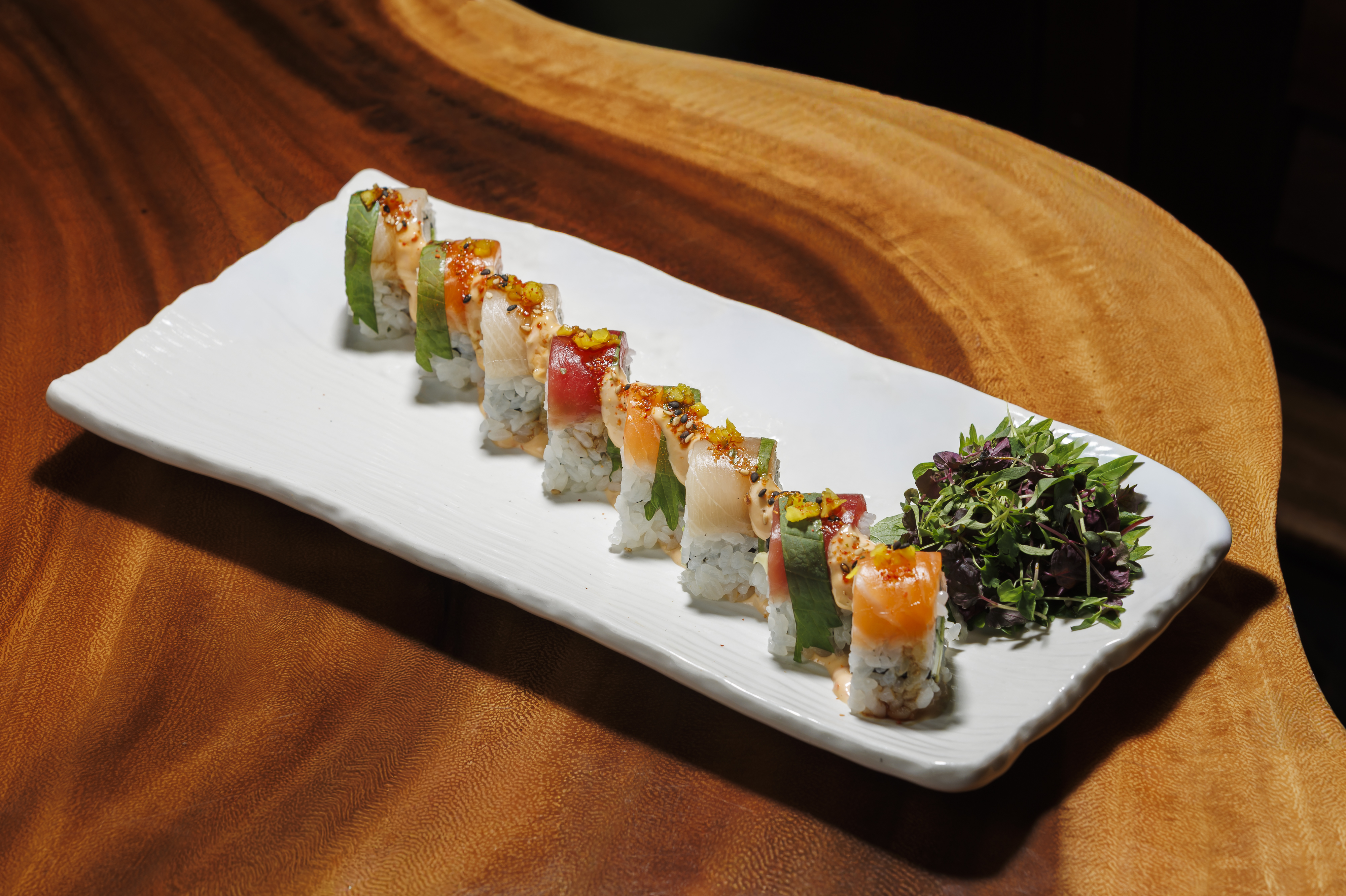 RUKA Rainbow tuna, hamachi & salmon, avocado, cucumber, asian pear, pickled radish, tobanjan mayo, sesame