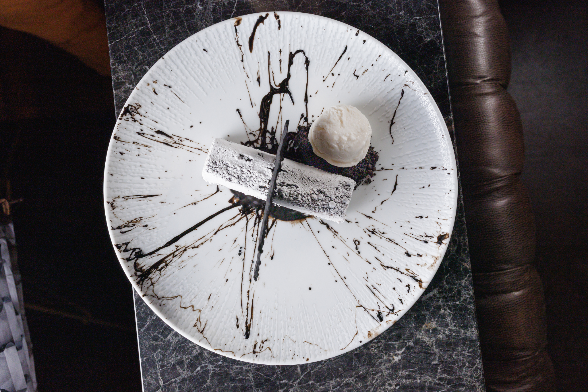 White Black Thunder  peruvian chocolate, salted cookie crumb, yuzu ink, coconut-lemongrass sorbet