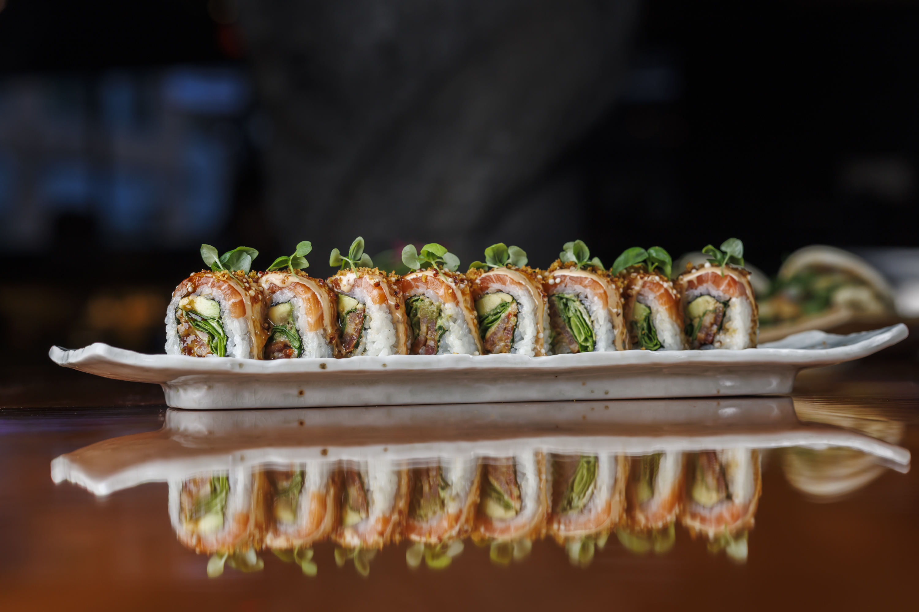 Salmon BLT sliced salmon, bacon, lettuce, tomato acevichado, avocado, smoked terikayi, shokupan crumbs