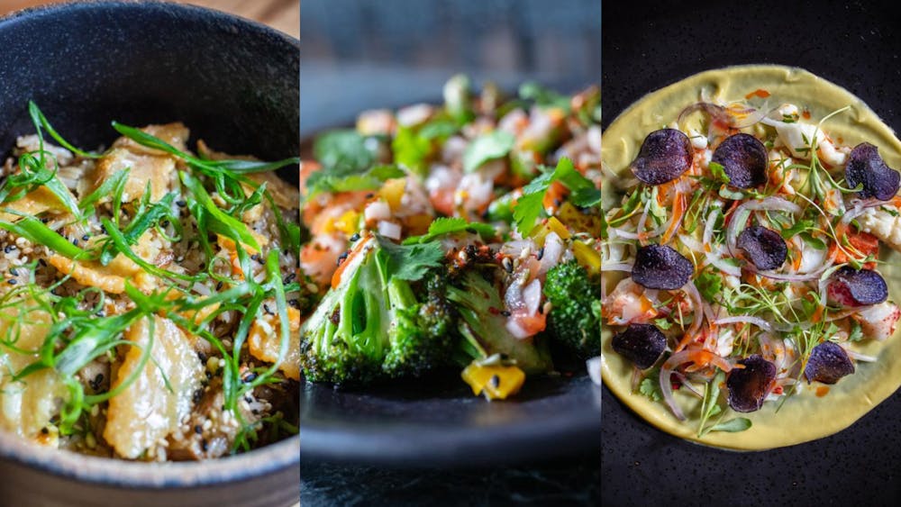 a bowl of food with broccoli