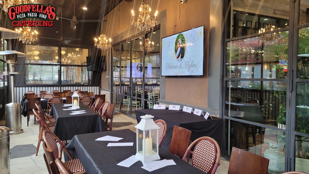 a dining room table in front of a building