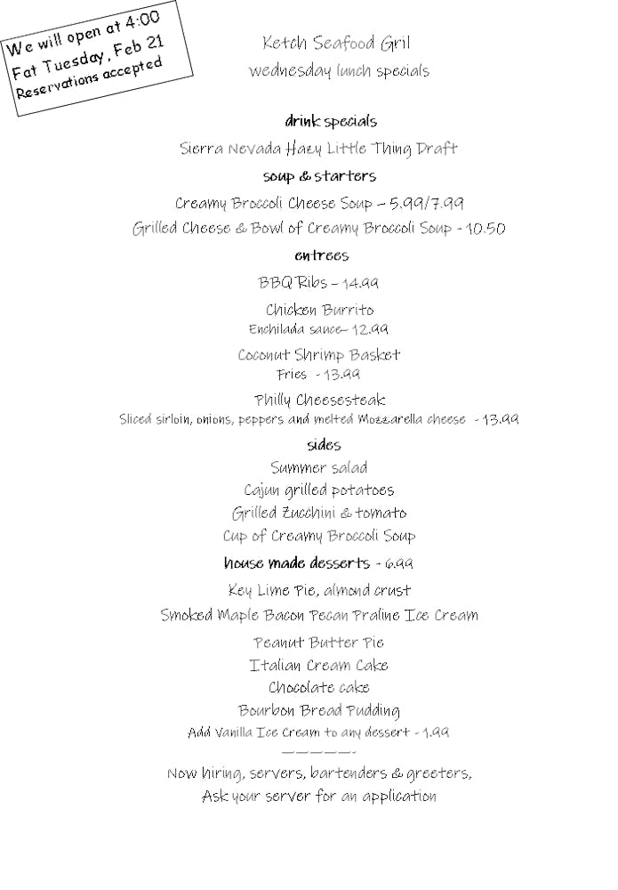 Menus The Ketch Seafood Grill