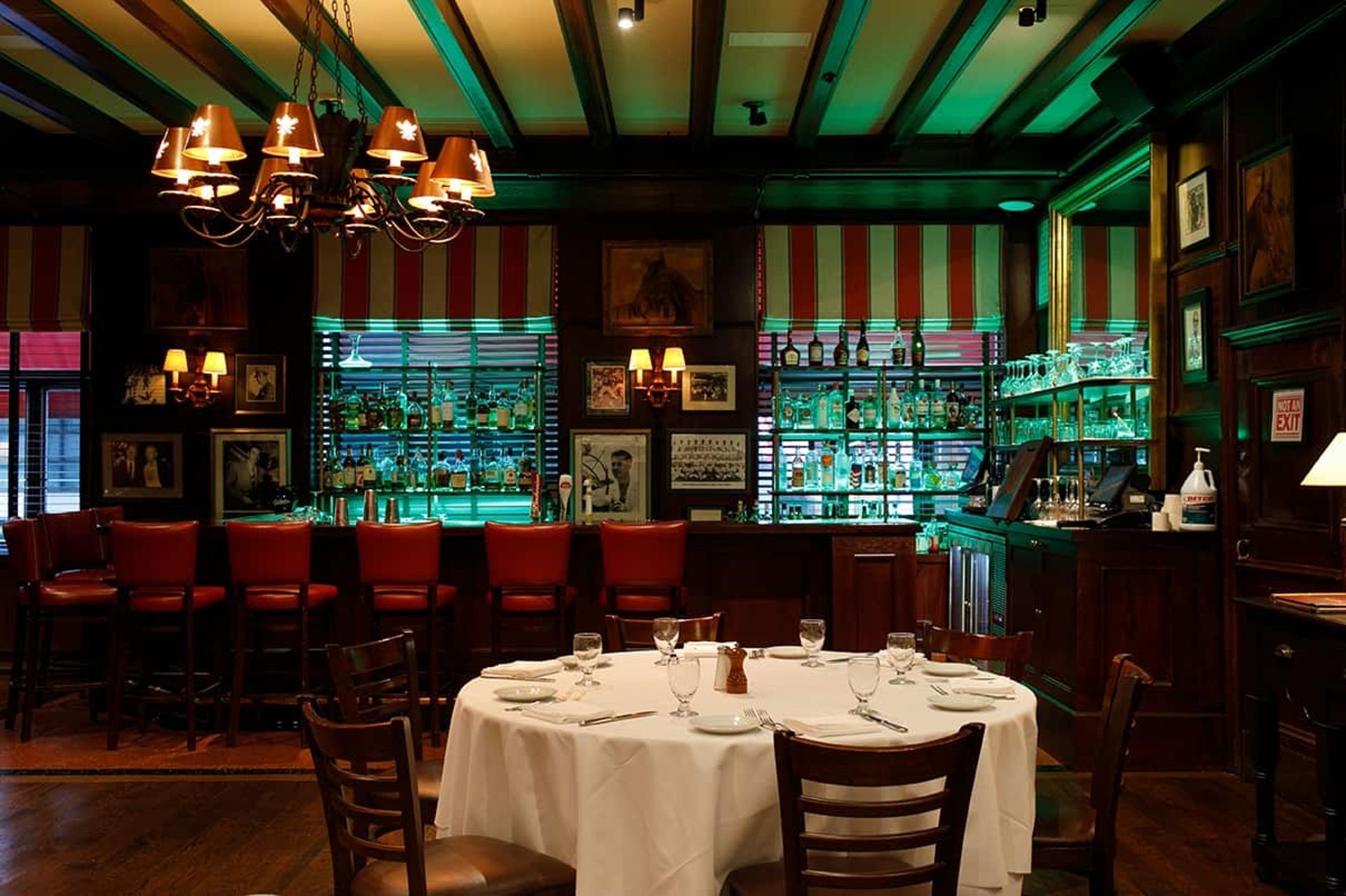 a dining room table in front of a store