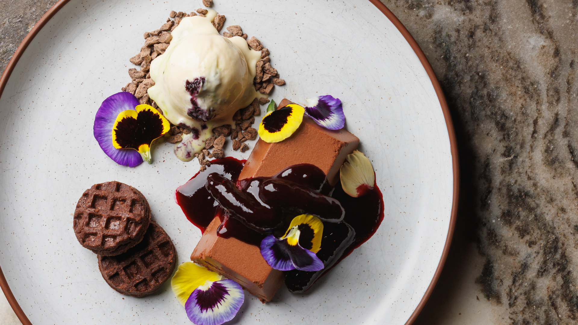 La Bête Noire  amazonia chocolate cremeux, honey-pistachio ice cream, mulberry swirl, chocolate tahini cookie, crème de violette