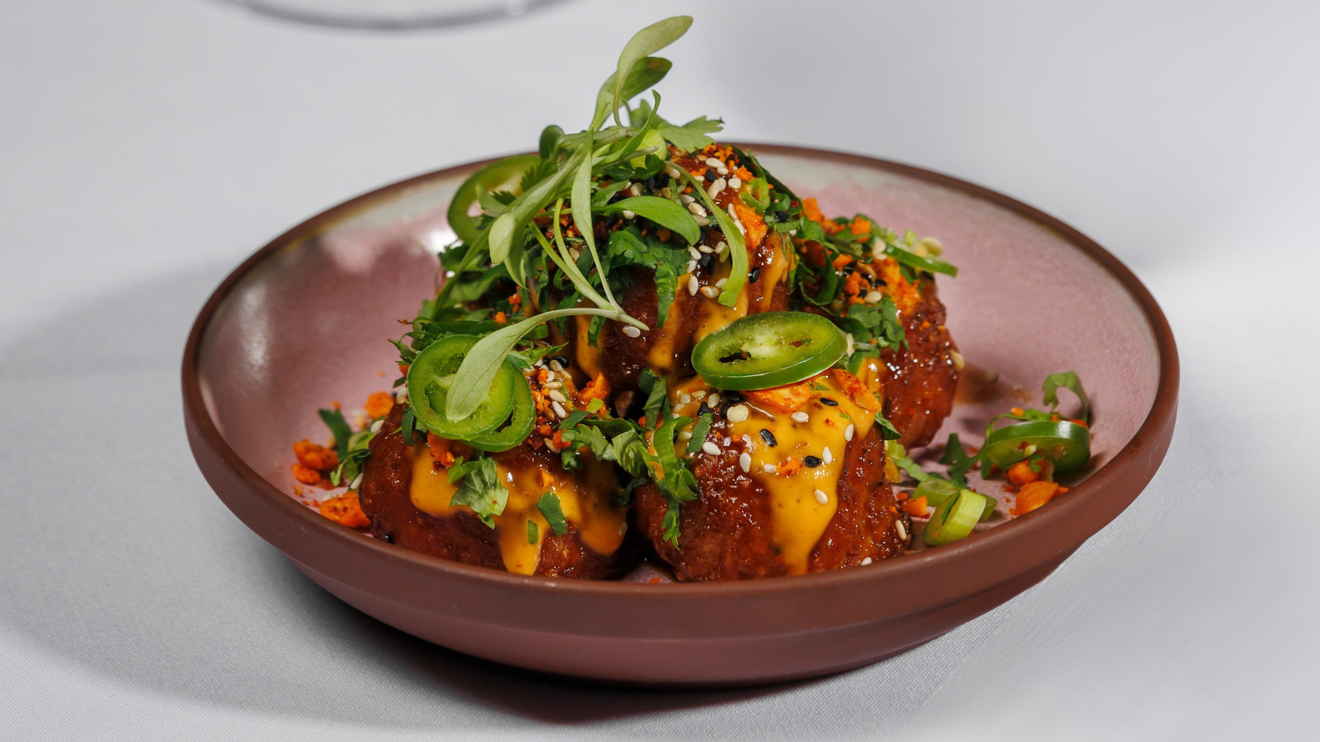 Chicken & Quinoa Meatballs  chinese garlic sauce, spicy mayo, spicy peanuts