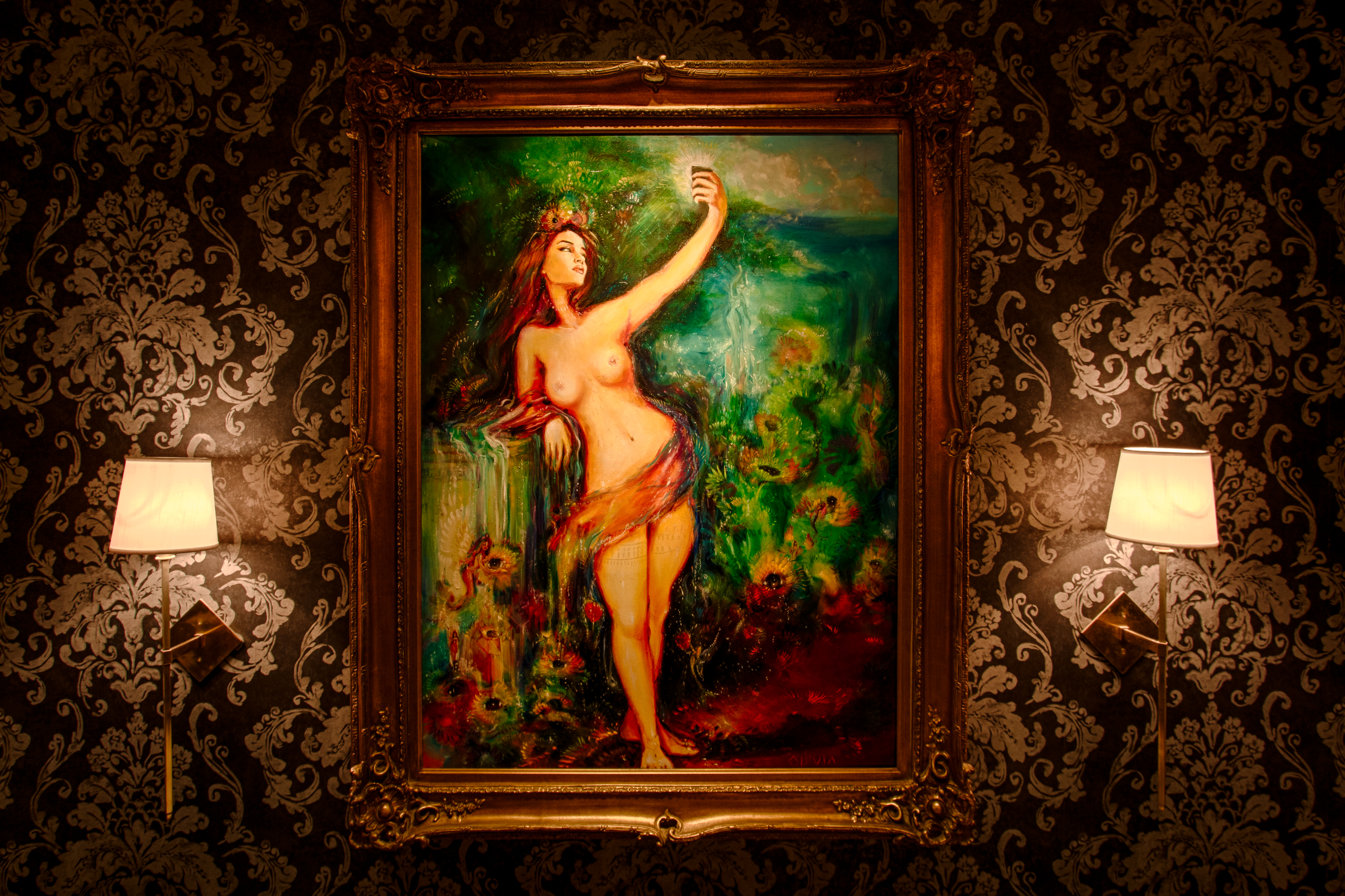 a painting of a vase in front of a mirror posing for the camera