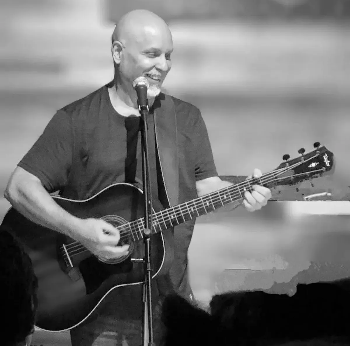 a man playing a guitar and singing into a microphone