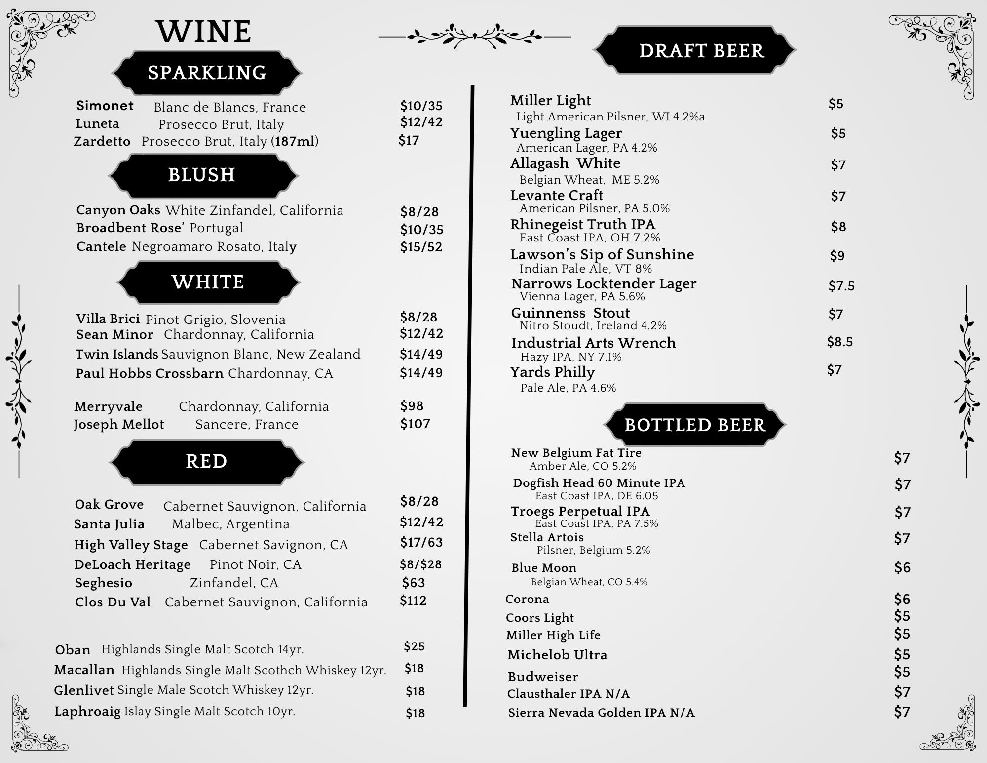a menu of a restaurant