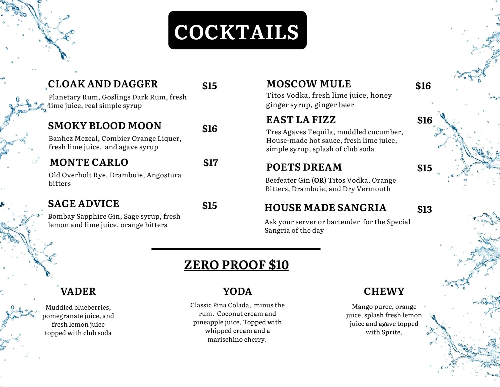a menu with black text and blue and white text
