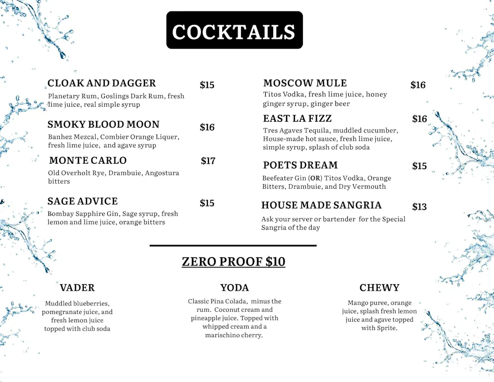 a menu with black text and blue and white text