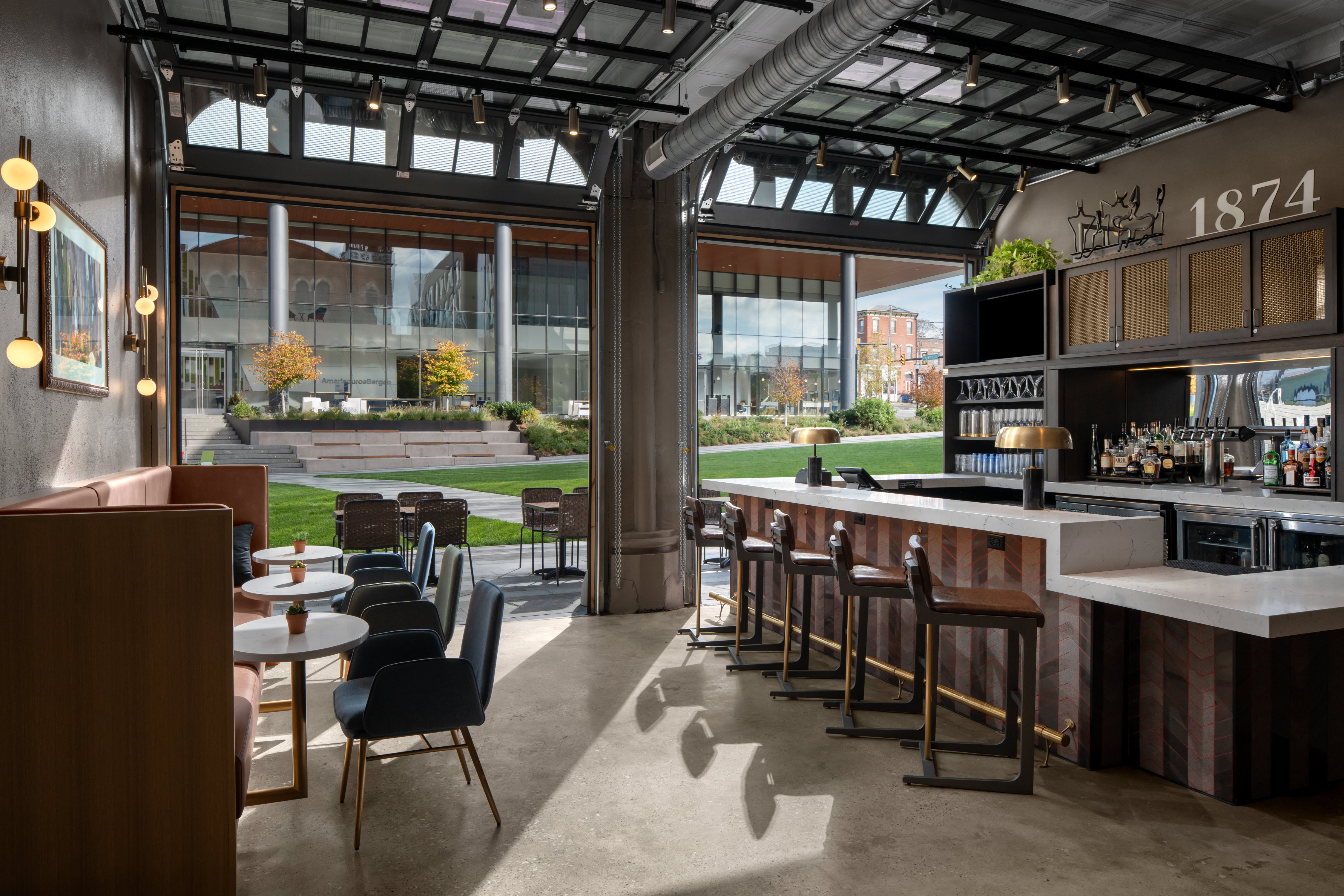 a dining room table in front of a building
