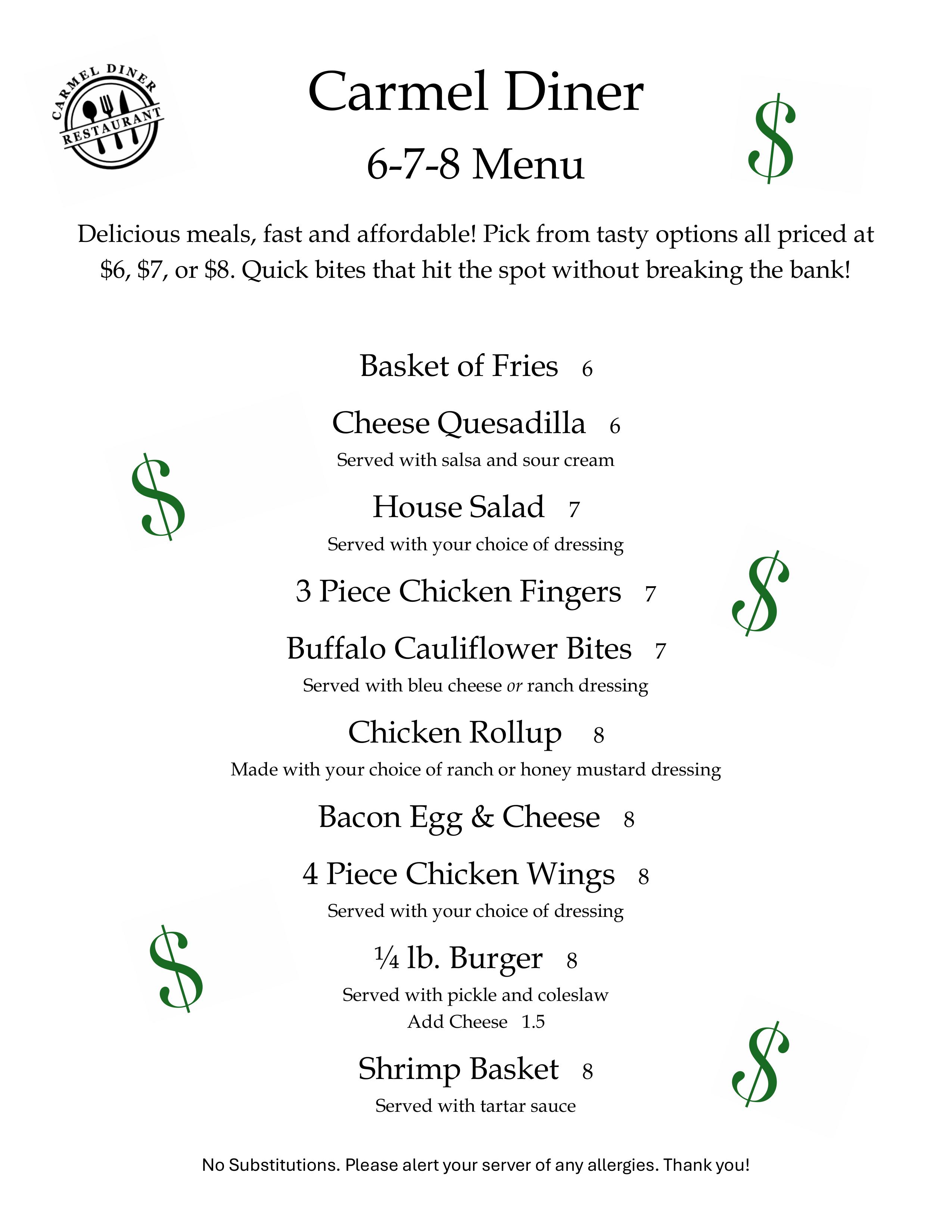$6-$7-$8 Menu