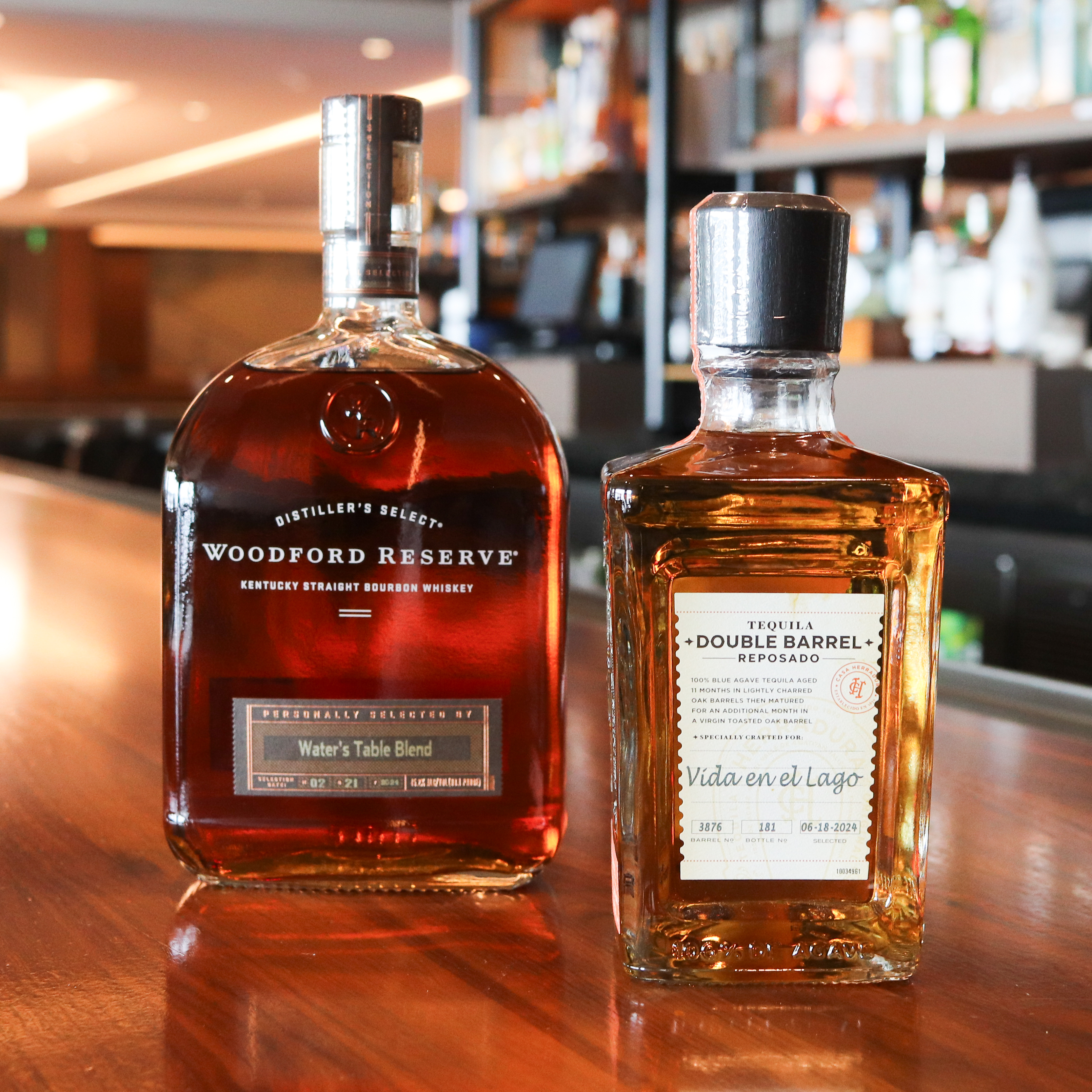 Closeup of whisky and tequila bottle.