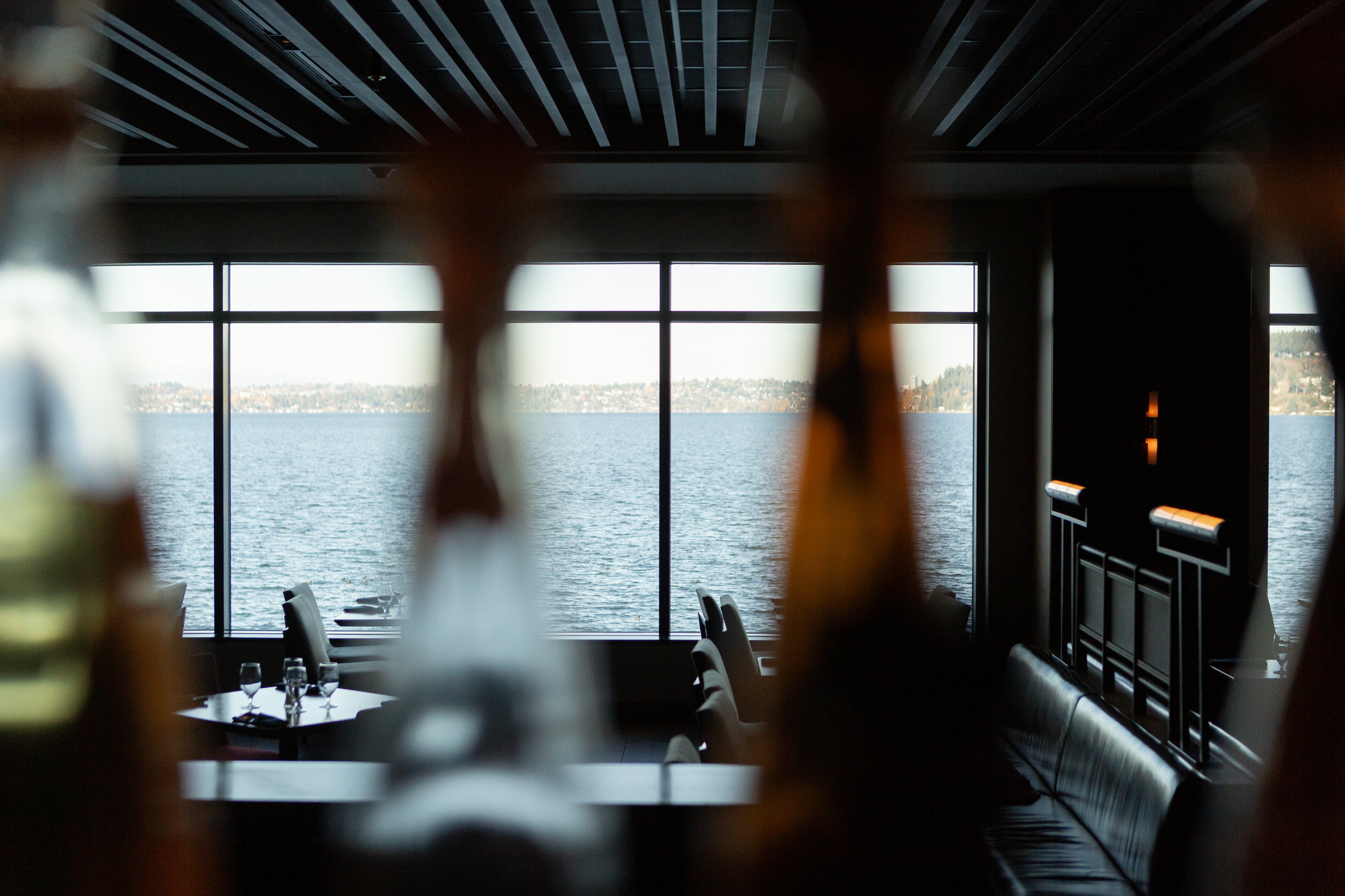 a view of the ocean from a restaurant