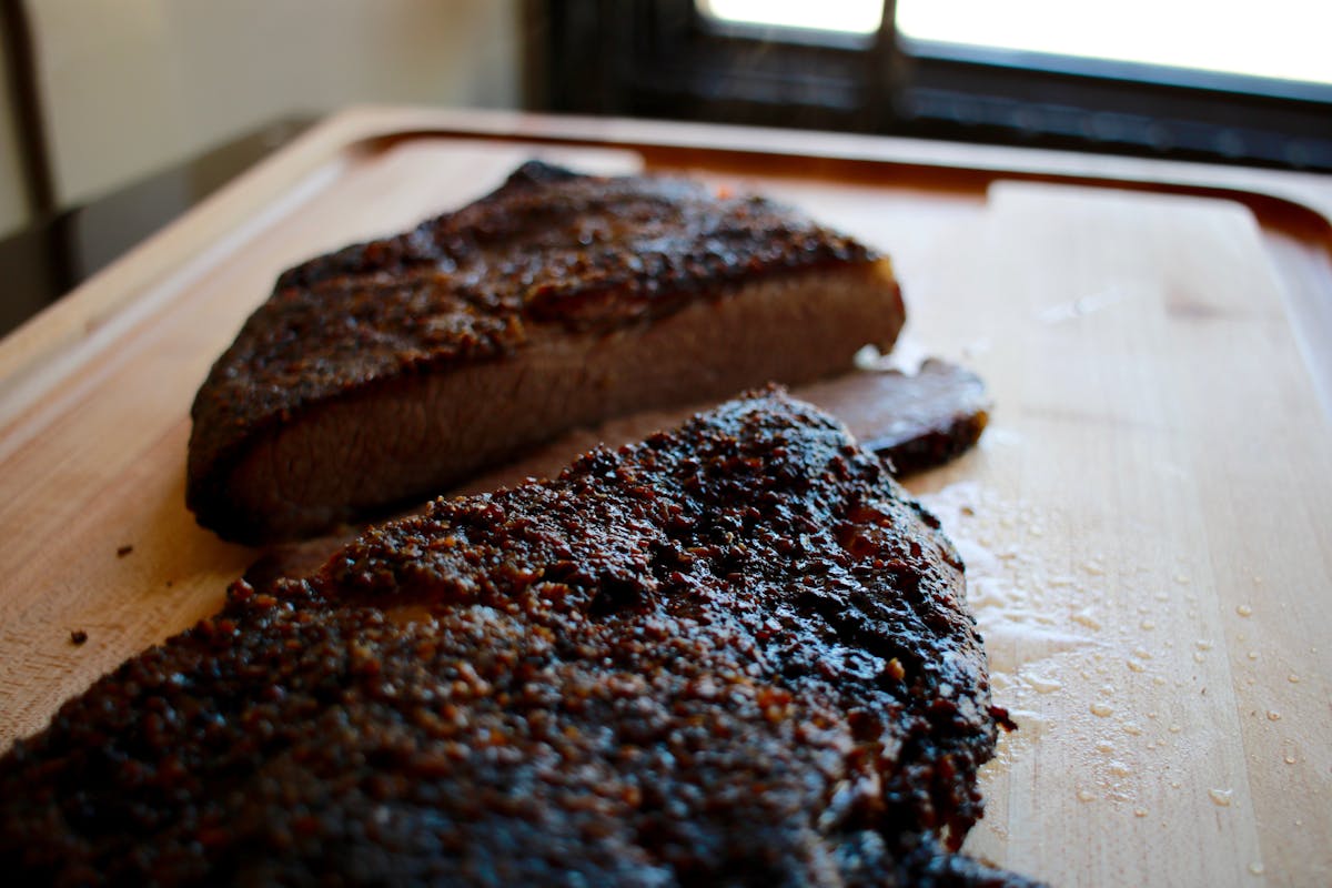 a steak cut in half