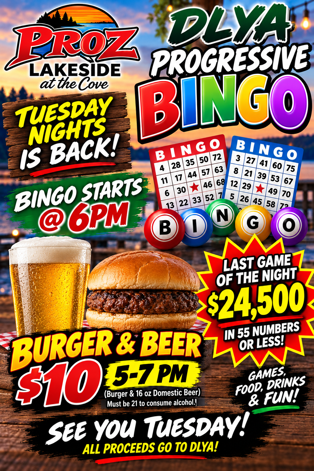 a flyer with a hamburger and beer